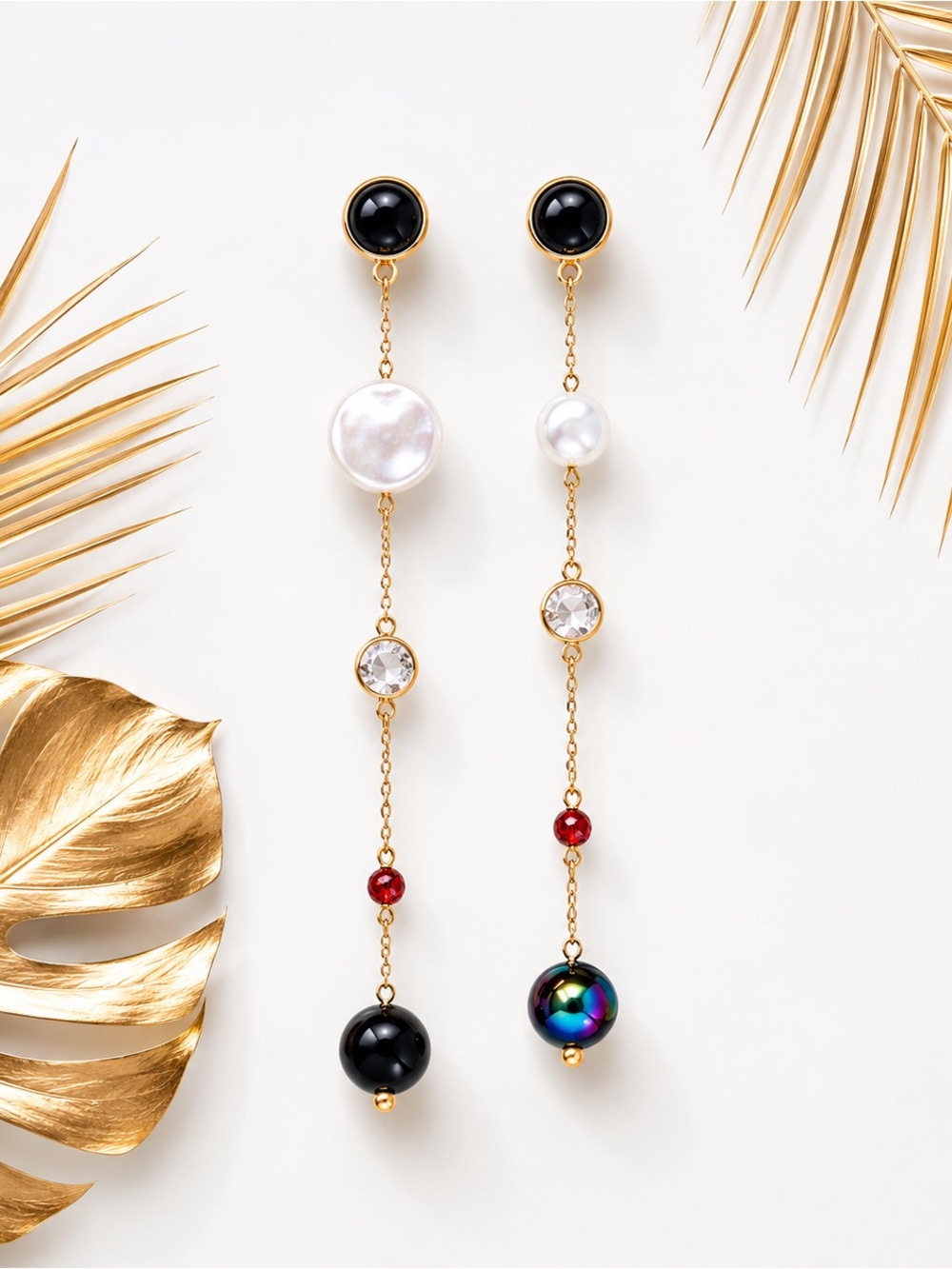 Black Pearl & Cultured Pearl Crystal Rhinestone Gold Tone Dangle Earrings